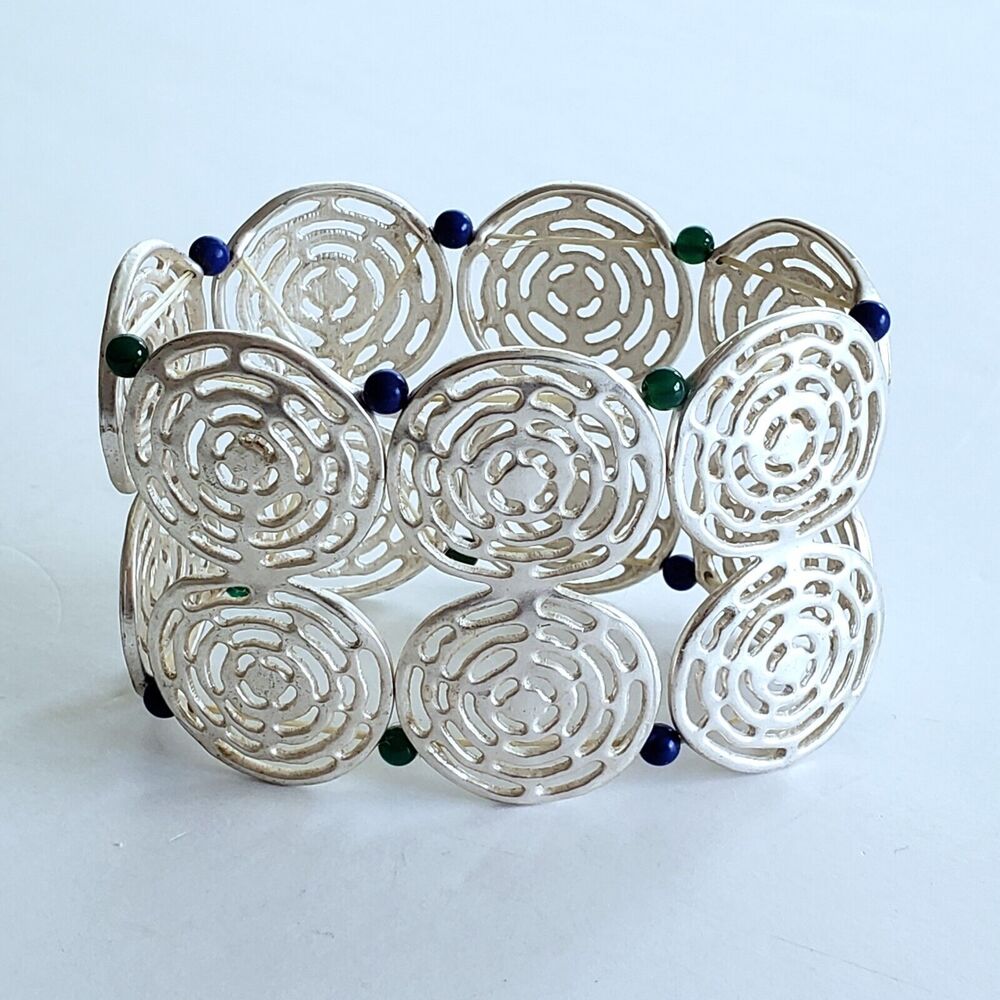 Chunky Bracelet Silvertone Medallion Beaded Stretch Geometric Aztec Boho Hippie